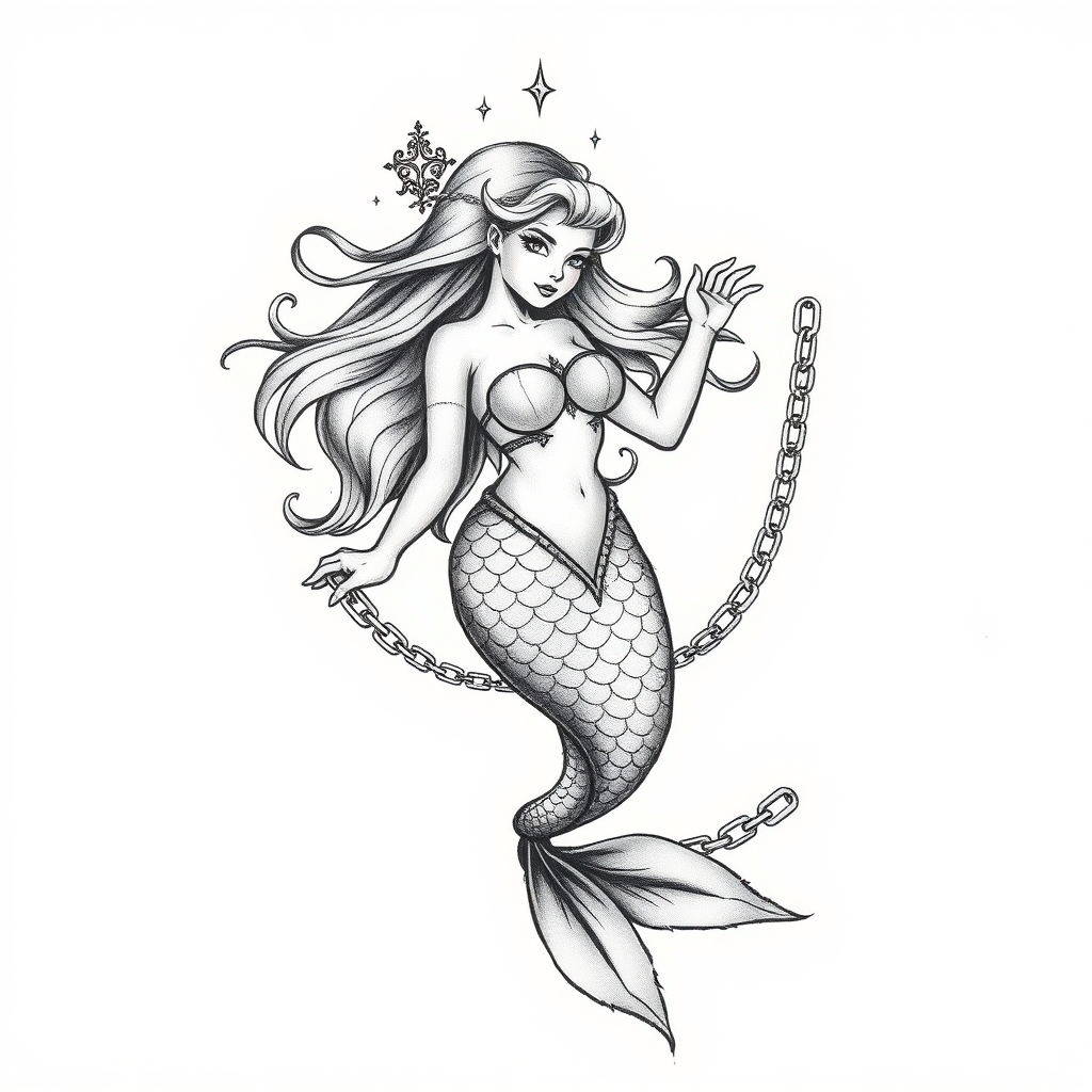 A tattoo design of Mermaid, chains in the style of realistic. - mythical creatures tattoo design generated by AI tattoo generator