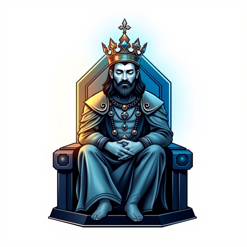 A tattoo design of A king sitting on his hexagon shaped throne, his eyes closed, his face soft, and his aura light blue and silver around him, his crown is streaming light in the style of minimalist. - royalty fantasy tattoo design generated by AI tattoo generator