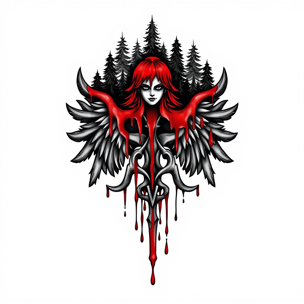 A tattoo design of Valkyrie symbol covered in forest, on top on the symbol there should be blood that goes down to the bottom of the symbol in style of trashpolka in the style of traditional. - mythology tattoo design generated by AI tattoo generator