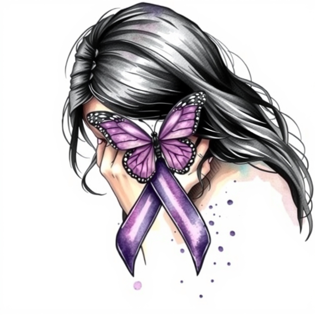 A tattoo design of Domestic violence ribbon awareness inclined together with a purple butterfly as a women hunched over her hands overing her face in the style of watercolor. - domestic violence awareness tattoo design generated by AI tattoo generator