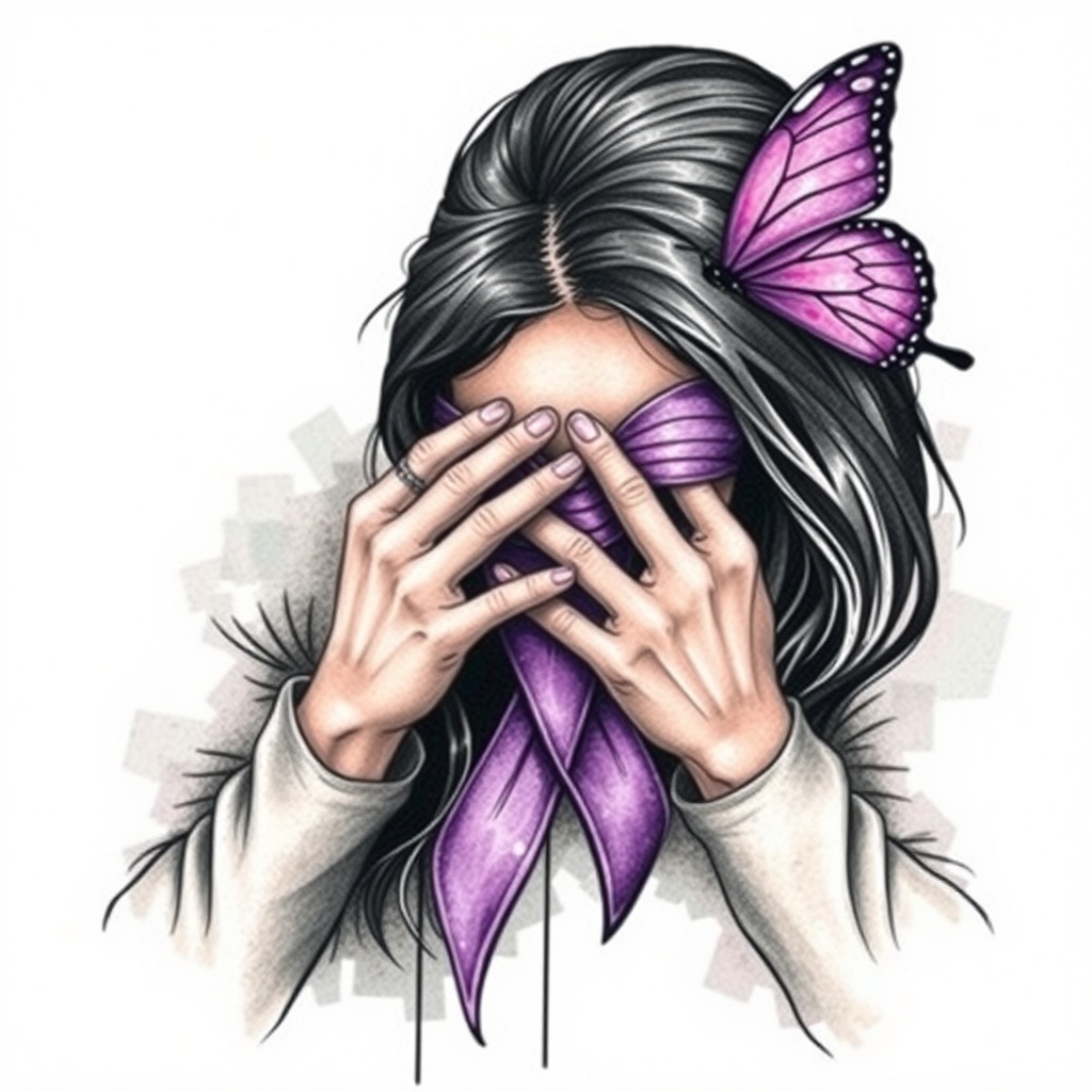 A tattoo design of Domestic violence ribbon awareness inclined together with a purple butterfly as a women hunched over her hands overing her face in the style of abstract. - domestic violence awareness tattoo design generated by AI tattoo generator
