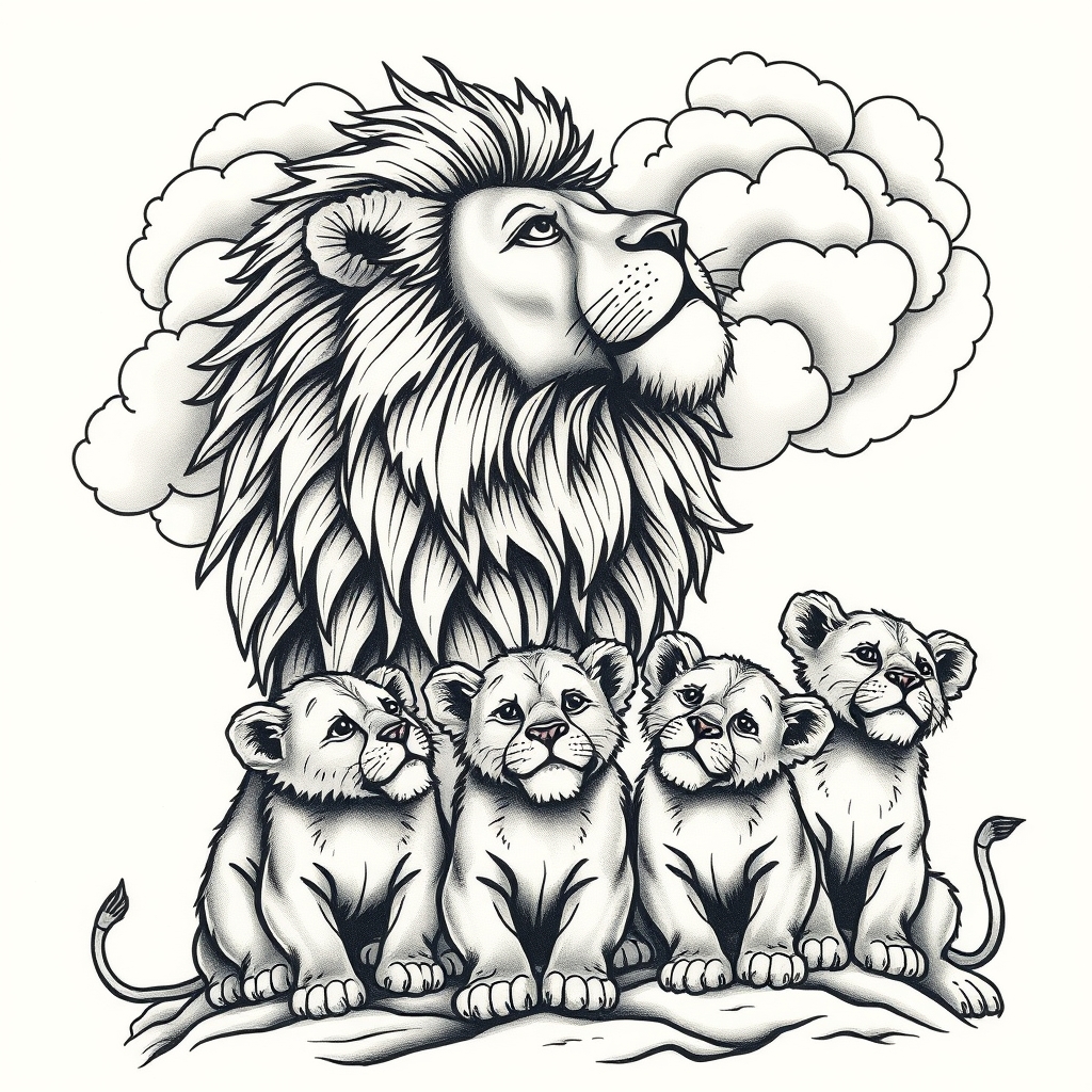 A tattoo design of Lion in the clouds looking down on his lions son and his 6 lion cubs in the style of traditional. - wildlife animals tattoo design generated by AI tattoo generator