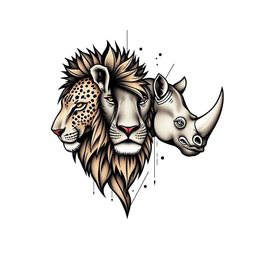A tattoo design of africa lion cheetah rhino in the style of geometric. - wildlife tattoo design generated by AI tattoo generator