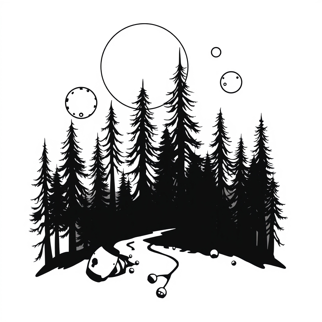 A tattoo design of Scary Forest and planets in the style of minimalist. - space and nature tattoo design generated by AI tattoo generator