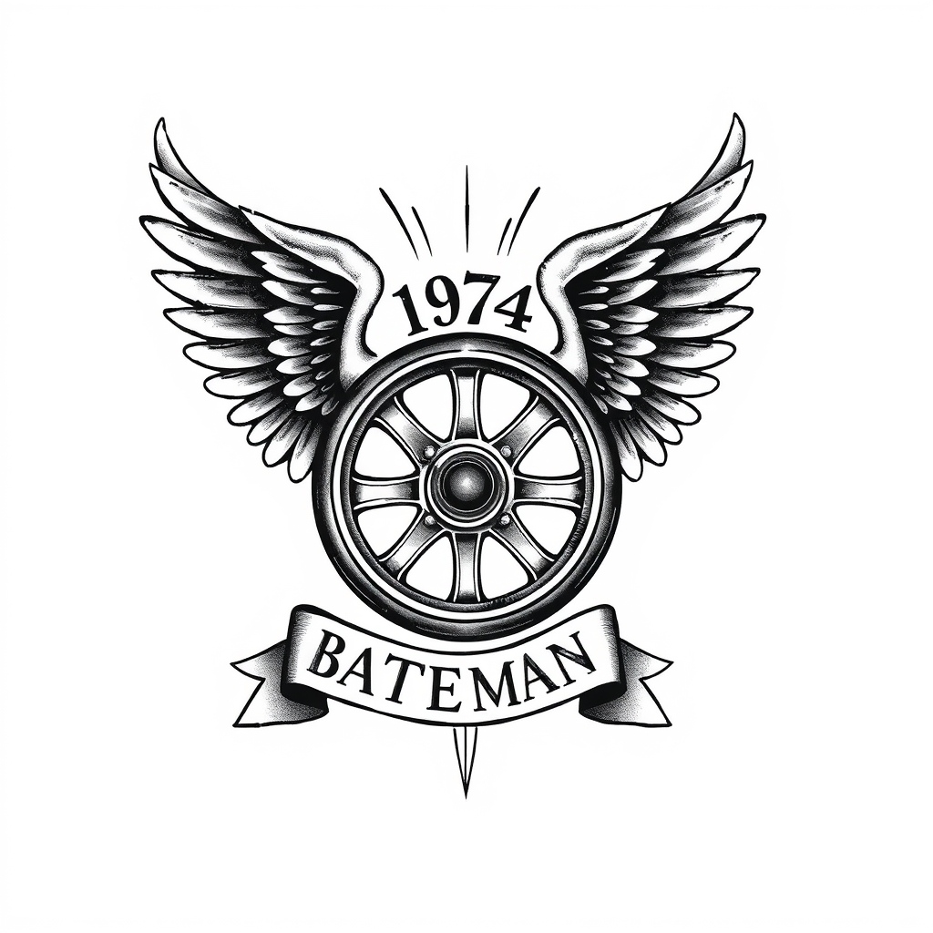 A tattoo design of Winged Motor Wheel, “1974”, "BATEMAN", law enforcement, Father, sleeve tattoo in the style of realistic. - law enforcement memorial tattoo design generated by AI tattoo generator