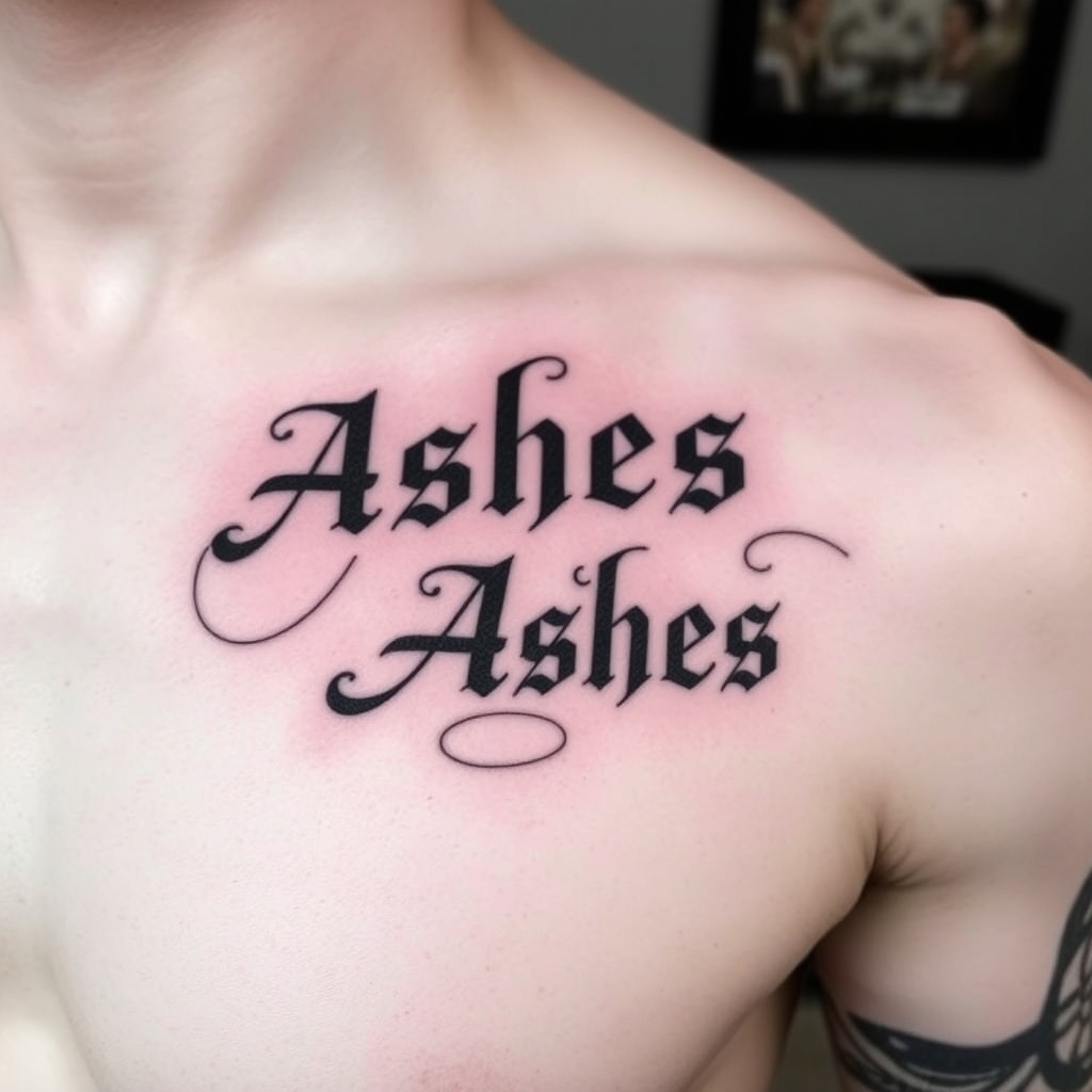 A tattoo design of Words "Ashes 222 Ashes" on left pectoralis in the style of blackwork. - text tattoo design generated by AI tattoo generator