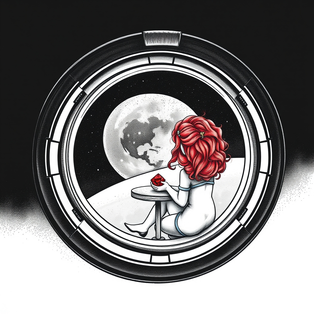 A tattoo design of Black and grey style. Redhead girl with curly hair sitting in a small space capsule alone. Floating through space with nothing to keep her company but a thing red ruby which she keeps on the small table by the porthole window. They are both sitting by the window peering out on an unknown planet. in the style of blackwork. - space travel tattoo design generated by AI tattoo generator