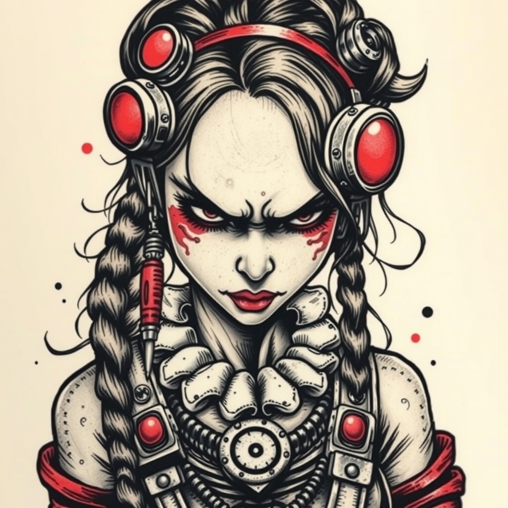 A tattoo design of Steampunk angry girl in the style of realistic. - steampunk girl tattoo design generated by AI tattoo generator