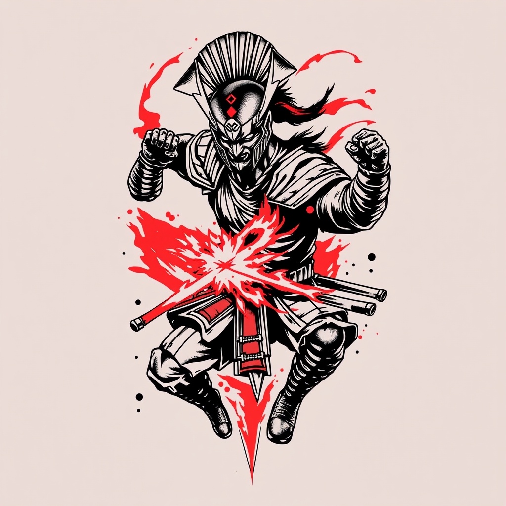 A tattoo design of SPARTAN FIGHTING a samurai  in the style of realistic. - warrior combat tattoo design generated by AI tattoo generator