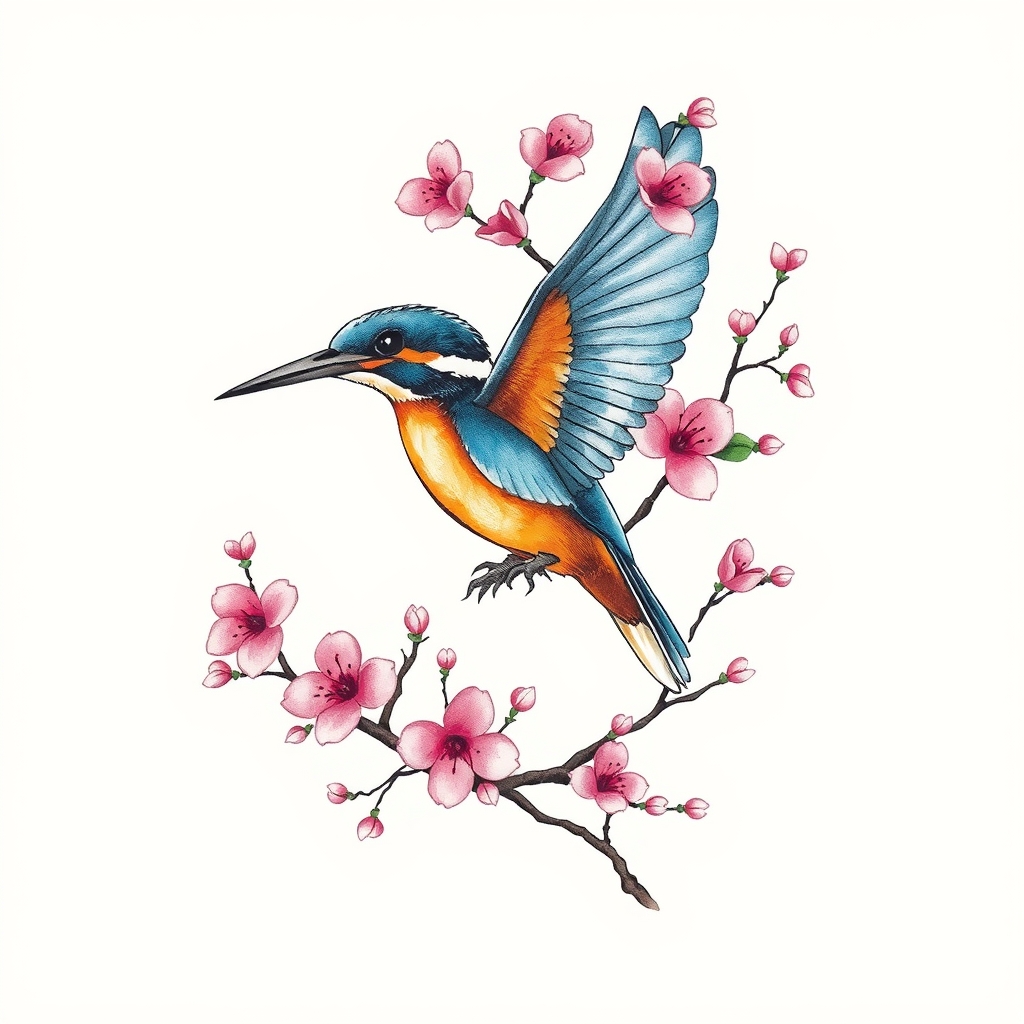 A tattoo design of blue and orange kingfisher in flight with pink cherry blossom tree in the style of watercolor. - animals and nature tattoo design generated by AI tattoo generator