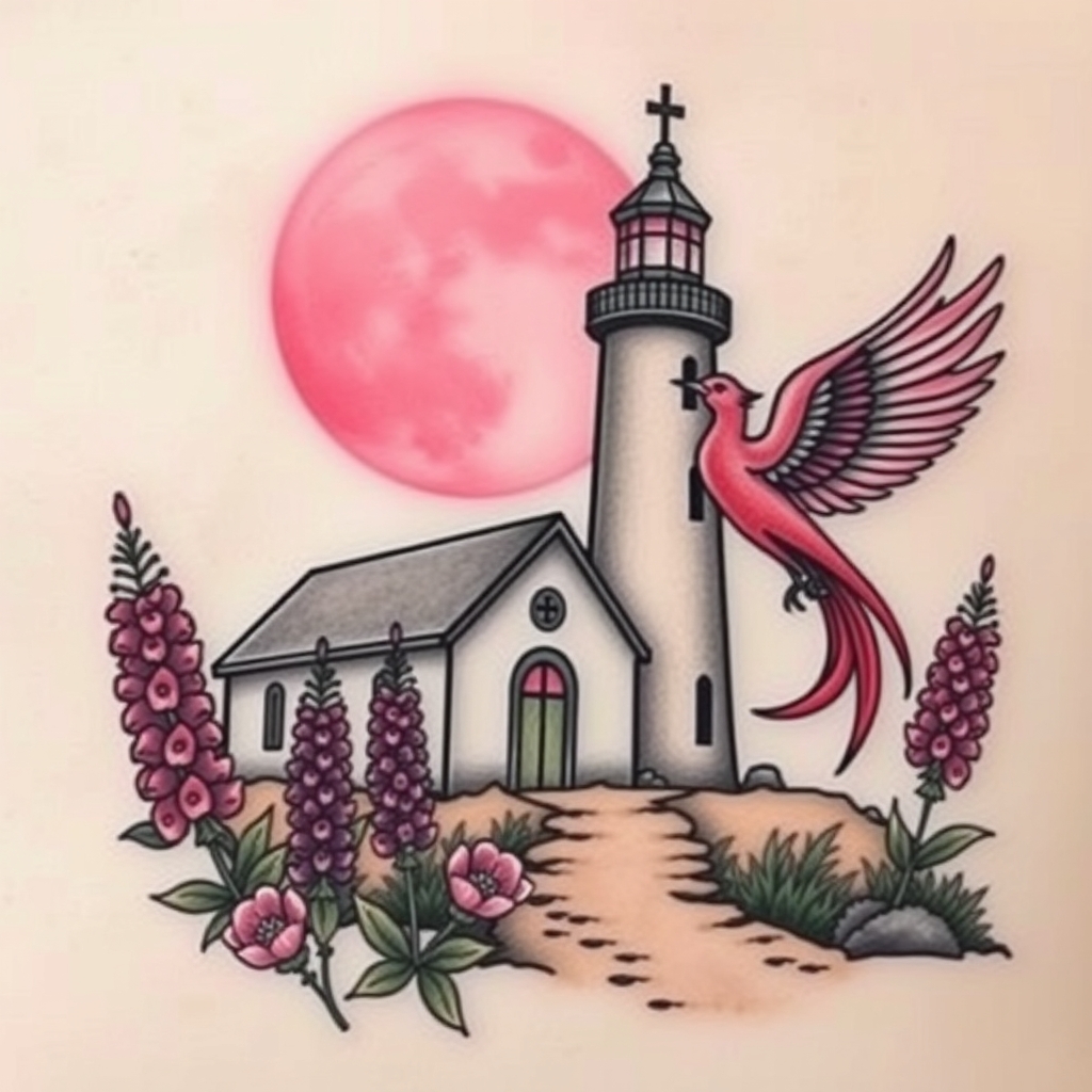 A tattoo design of Chapel beside a light house with a pink moon an purple lupines an phoenix in the style of realistic. - landscapes with buildings tattoo design generated by AI tattoo generator