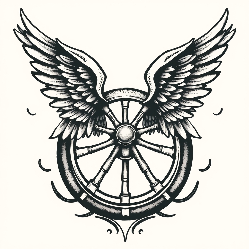 A tattoo design of classic winged wheel in the style of realistic. - transportation symbol tattoo design generated by AI tattoo generator