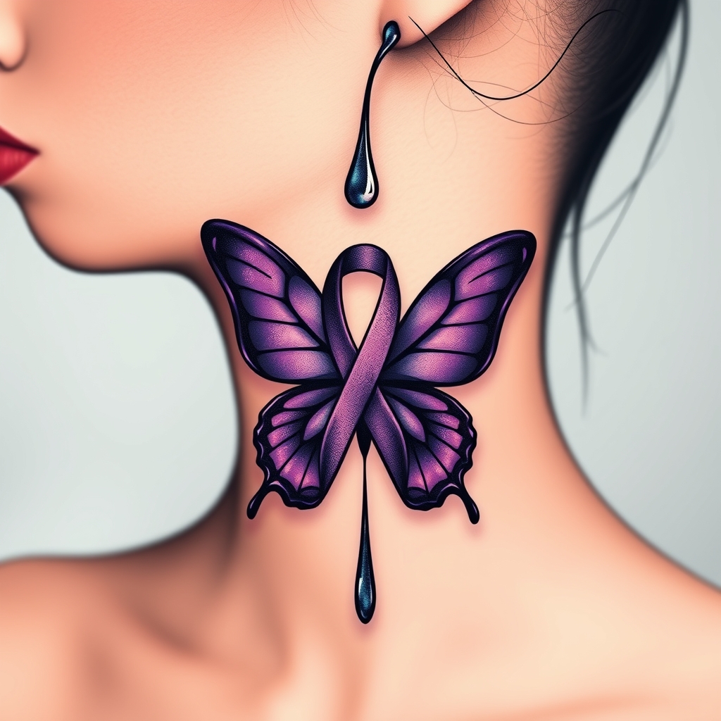 A tattoo design of A tear running down a woman's face with a domestic violence ribbon and a purple butterfly entwined together in the style of minimalist. - domestic violence awareness tattoo design generated by AI tattoo generator