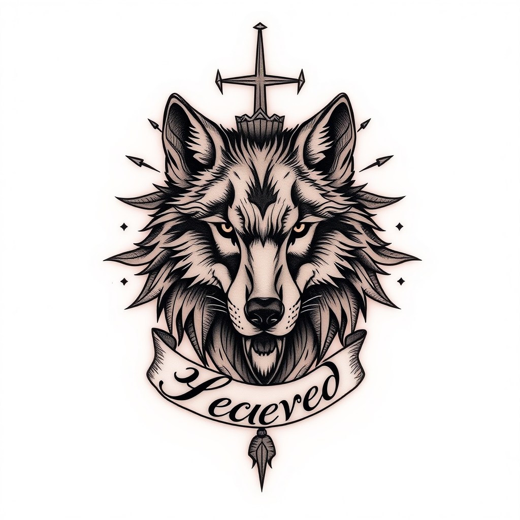 A tattoo design of wolf heaven blessed in the style of realistic. - animal mythology tattoo design generated by AI tattoo generator