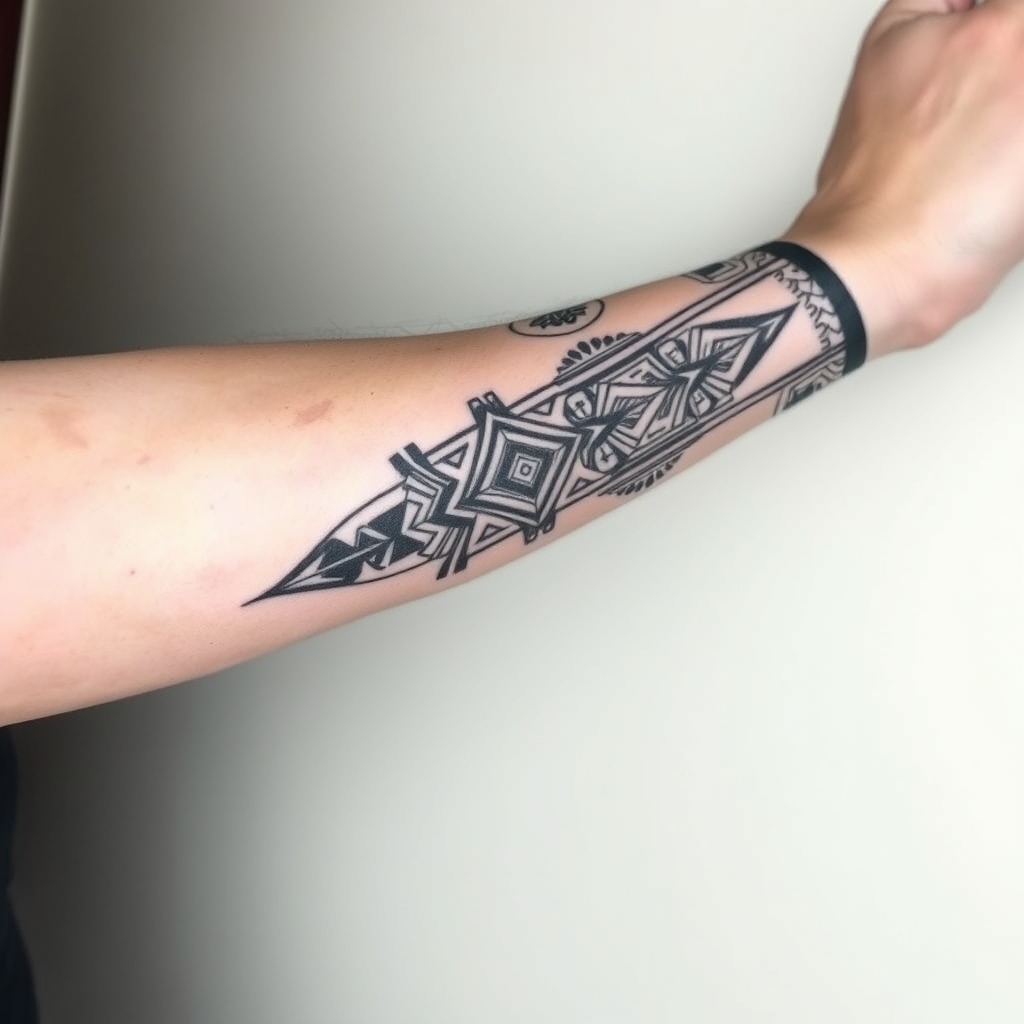 A tattoo design of Long Masculine peruvian tattoo for a forearm in the style of geometric. - peruvian tattoo tattoo design generated by AI tattoo generator