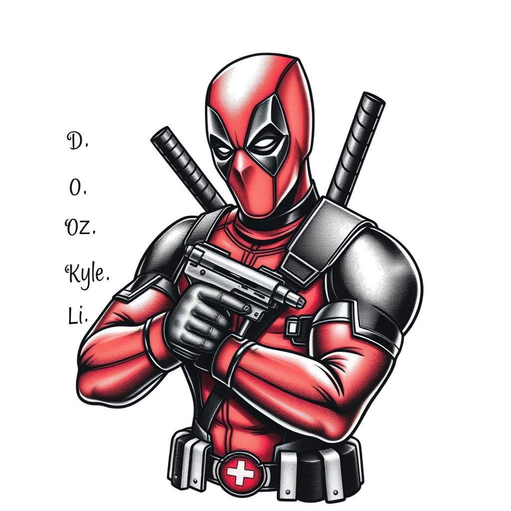 A tattoo design of Deadpool holding a tattooing gun with the names D, Oz, Kyle on a list to his left  in the style of blackwork. - superhero pop culture tattoo design generated by AI tattoo generator