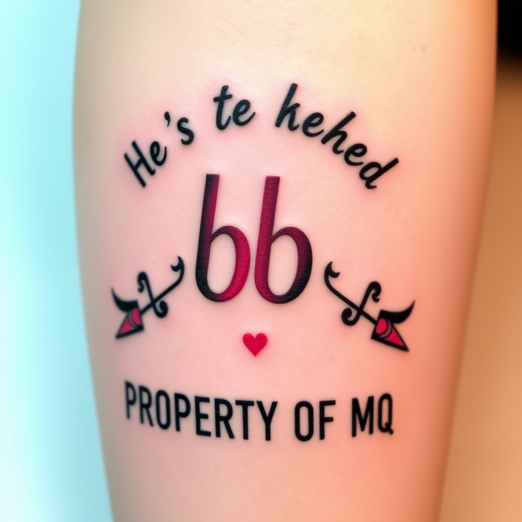 A tattoo design of Has a symbol of being a  cuckold.  Black and pink are the colors. Name is bb.  Says PROPERTY OF MQ in the style of minimalist. - cuckold symbol tattoo design generated by AI tattoo generator
