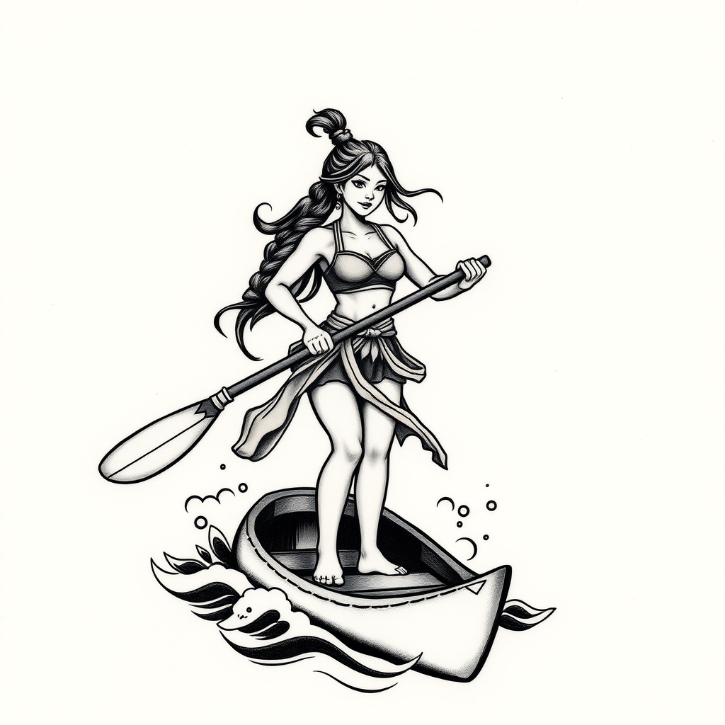 A tattoo design of A strong woman paddling a canoe standing up in the style of japanese. - water sports tattoo design generated by AI tattoo generator