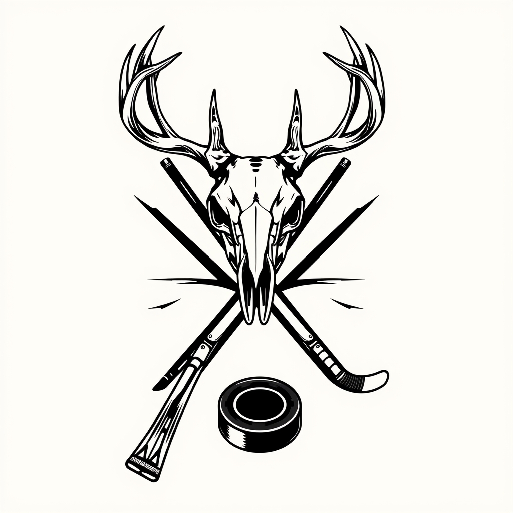 A tattoo design of a deer skull on top of the x of a rifle and a hockey stick all blackout no background with a hockey puck on the bottom of the x in the style of realistic. - hunting sports tattoo design generated by AI tattoo generator