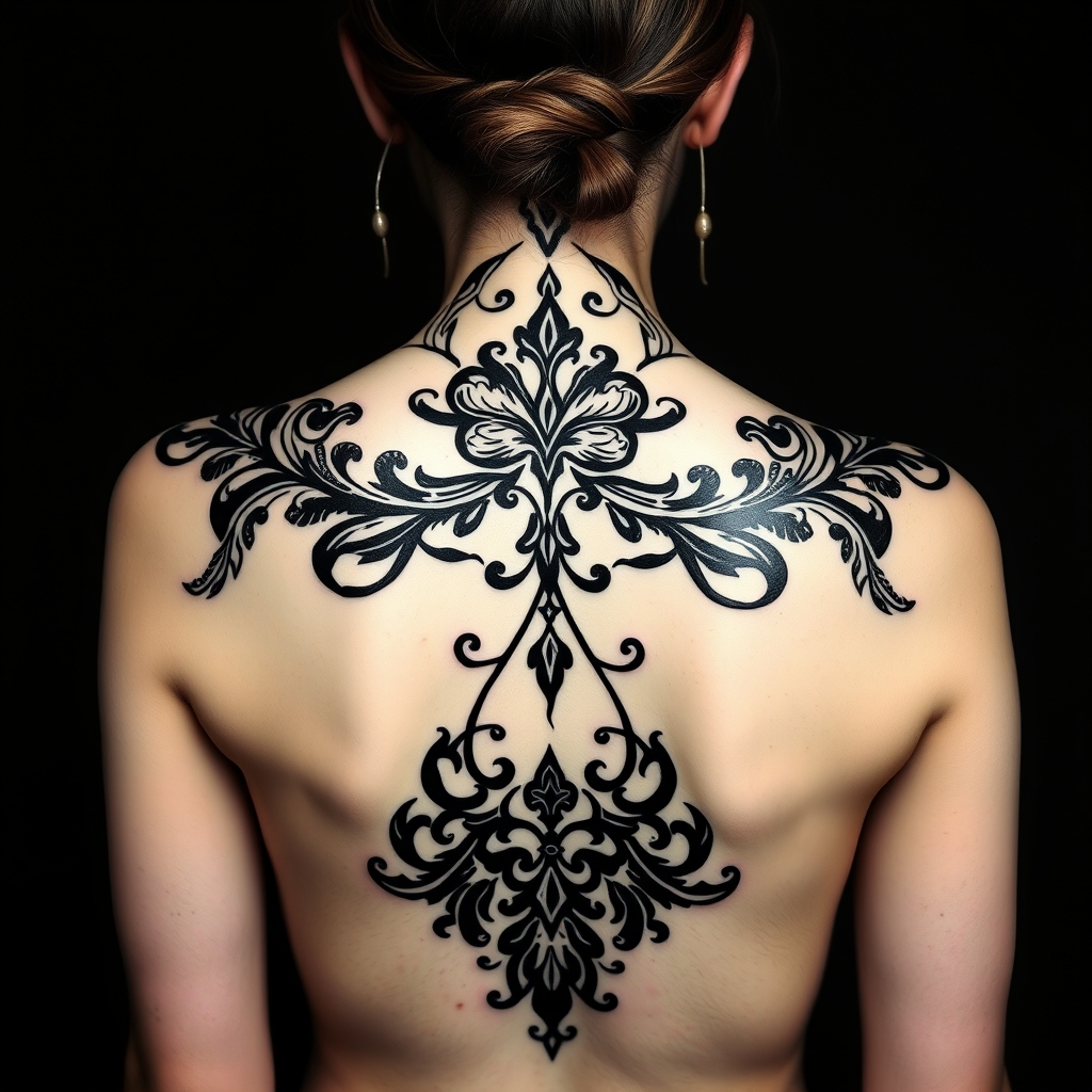 A tattoo design of Decorative back tattoo in art nouveau style in all black, going from the outer tips of the shoulders down the middle of the spine. in the style of tribal. - back tattoo tattoo design generated by AI tattoo generator