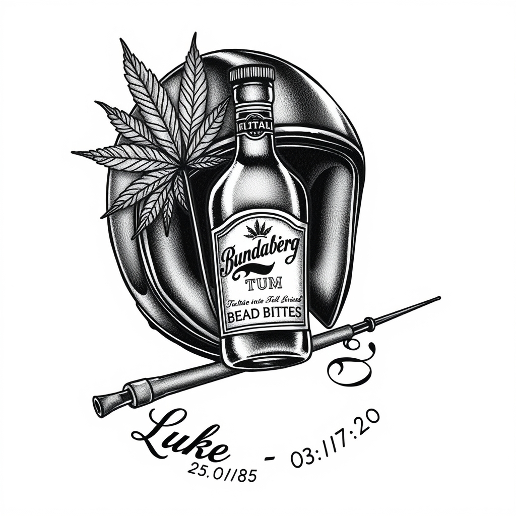 A tattoo design of A motorcycle helmet with a weed leaf, Bundaberg tum bottle and a fishing rod. I want the tatto black and grey with a dash of colour on the rum bottle. A tribute saying Luke 25.01.85 - 03.07.20 in the style of blackwork. - memorial tattoo tattoo design generated by AI tattoo generator