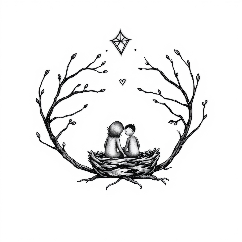 A tattoo design of Empty nest of a mom with deep connection to her 2 grown boys in the style of blackwork. - family symbol tattoo design generated by AI tattoo generator