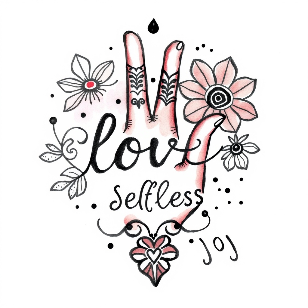 A tattoo design of Fun, creative, henna style, peace, love, selfless, joy in the style of watercolor. - symbolic symbols tattoo design generated by AI tattoo generator