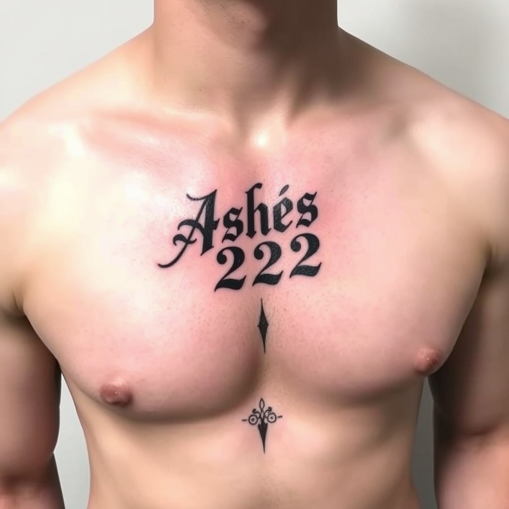A tattoo design of Words "Ashes 222 Ashes" on left pectoralis in the style of traditional. - words and numbers tattoo design generated by AI tattoo generator