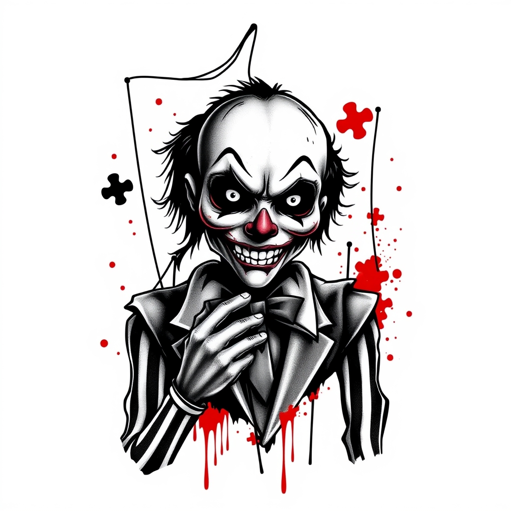 A tattoo design of Billy the puppet with puzzle piece and blood splatter in the style of realistic. - horror movie character tattoo design generated by AI tattoo generator