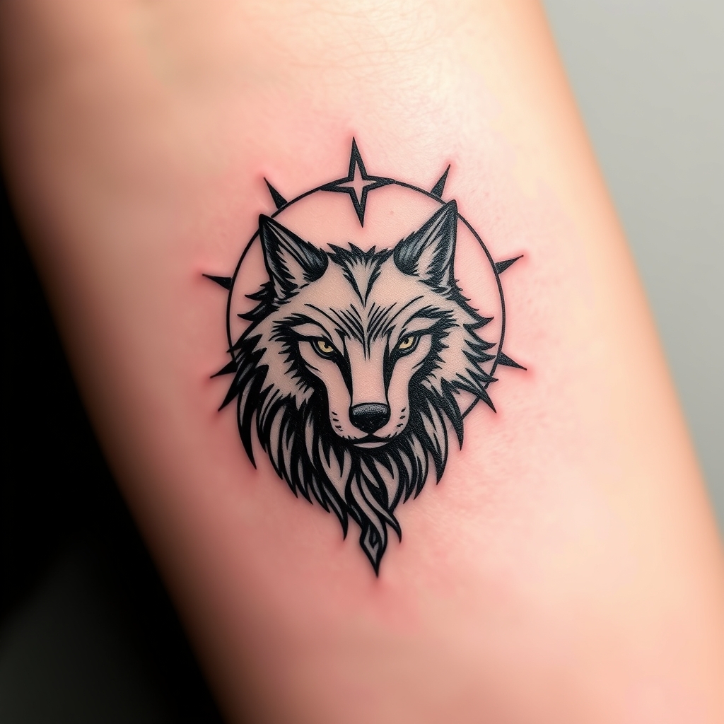 A tattoo design of Protected by God and Wolf in the style of minimalist. - spiritual symbol tattoo design generated by AI tattoo generator
