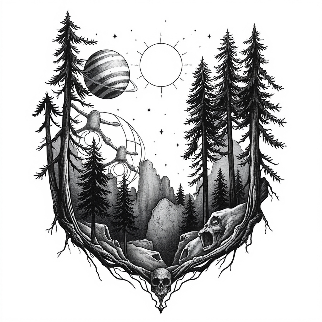 A tattoo design of Dark Forest and planets in the style of realistic. - space scenery tattoo design generated by AI tattoo generator
