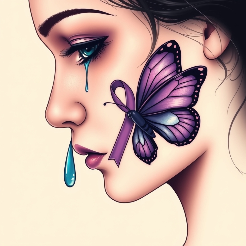 A tattoo design of A tear running down a woman's face with a domestic violence ribbon and a purple butterfly entwined together in the style of surrealistic. - domestic violence awareness tattoo design generated by AI tattoo generator