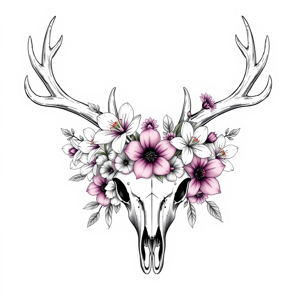 A tattoo design of a tattoo sketch of carnations, crocus, orchids, lilies and buffalo bean flowers arranged in the shape of a deer skull in the style of realistic. - botanical skull tattoo design generated by AI tattoo generator