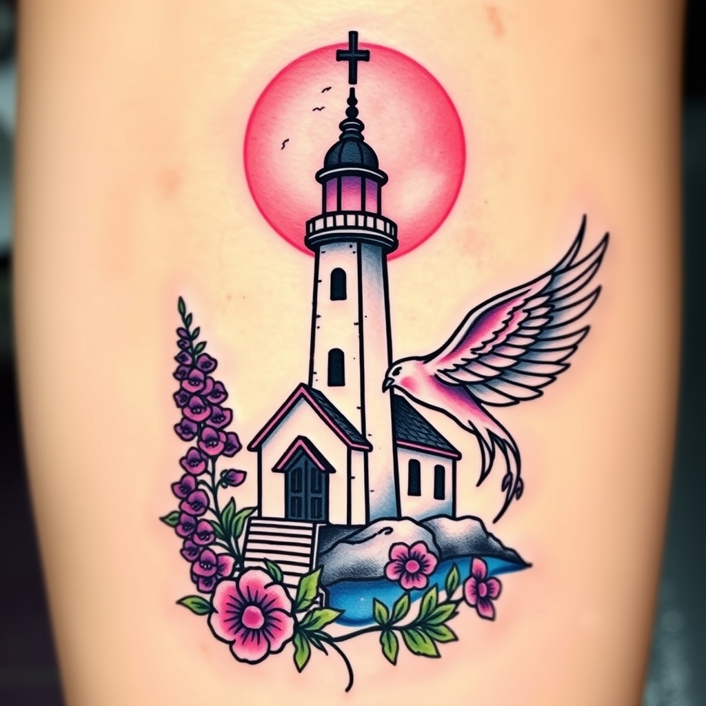 A tattoo design of Chapel beside a light house with a pink moon an purple lupines an phoenix in the style of abstract. - landmark scene tattoo design generated by AI tattoo generator