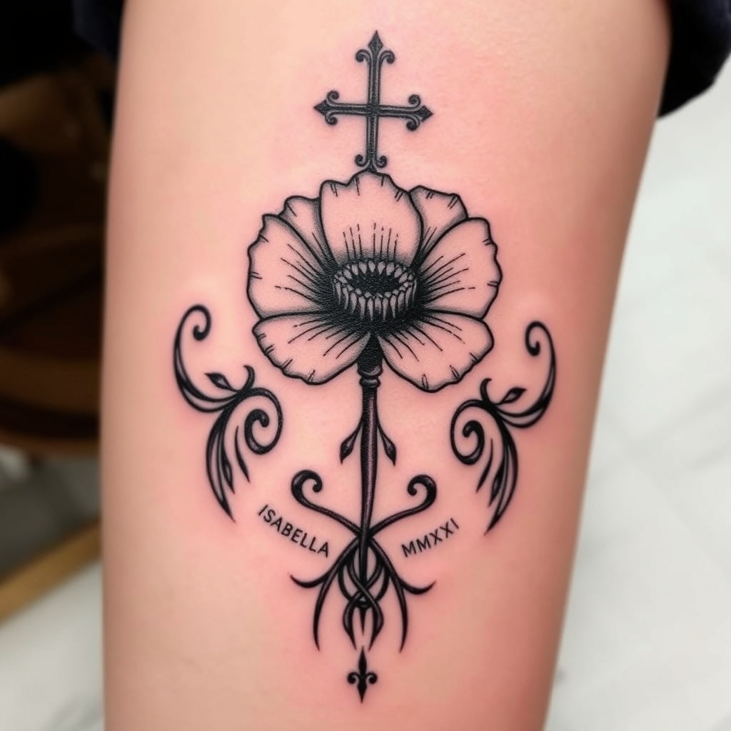 A tattoo design of XV: XI: MMXXI Isabella Poppy  deus meus est sacramentum, dedita deo  in the style of tribal. - dates and names with latin phrase tattoo design generated by AI tattoo generator