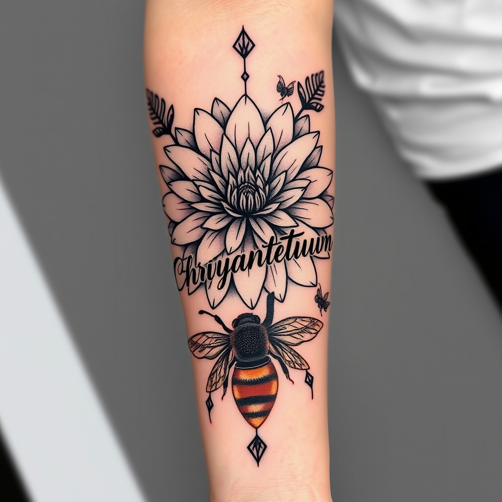 A tattoo design of Chrysanthemum flower, the word Chrysanthemum, bees, honeycomb forearm and hand, long in the style of geometric. - flowers and insects tattoo design generated by AI tattoo generator