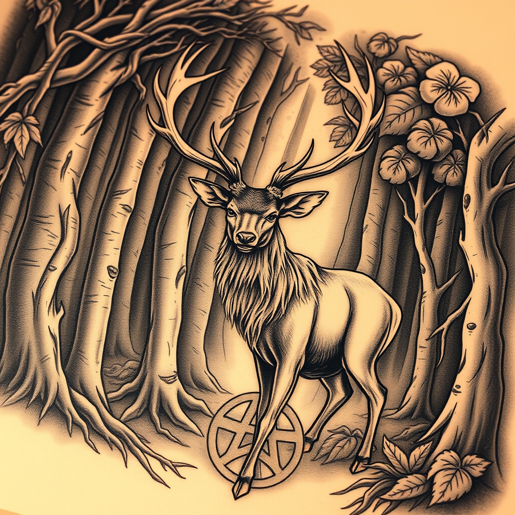 A tattoo design of A majestic Stag in a dense, lush forest with Celtic symbolism - Triskeles, tiple celtic knots. There is also some smaller details e.g. thorny branches, fallen feathers. looking to symbolise growth, and strength following periods of shame, regret and a mental health issues following a difficult time in my life. include other symbols to resmeble growth e.g. butterflys, shedding skin of a snake. in the style of realistic. - celtic nature symbolism tattoo design generated by AI tattoo generator