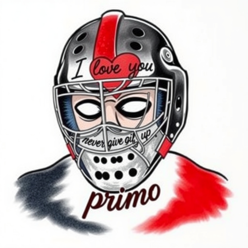 A tattoo design of old school NHL goalie mask with the phrase " I love you " " never give up " and the name " primo " in the style of realistic. - hockey equipment tattoo design generated by AI tattoo generator
