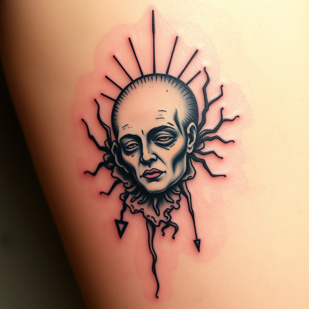 A tattoo design of Existentialist manner  in the style of surrealistic. - philosophy tattoo design generated by AI tattoo generator