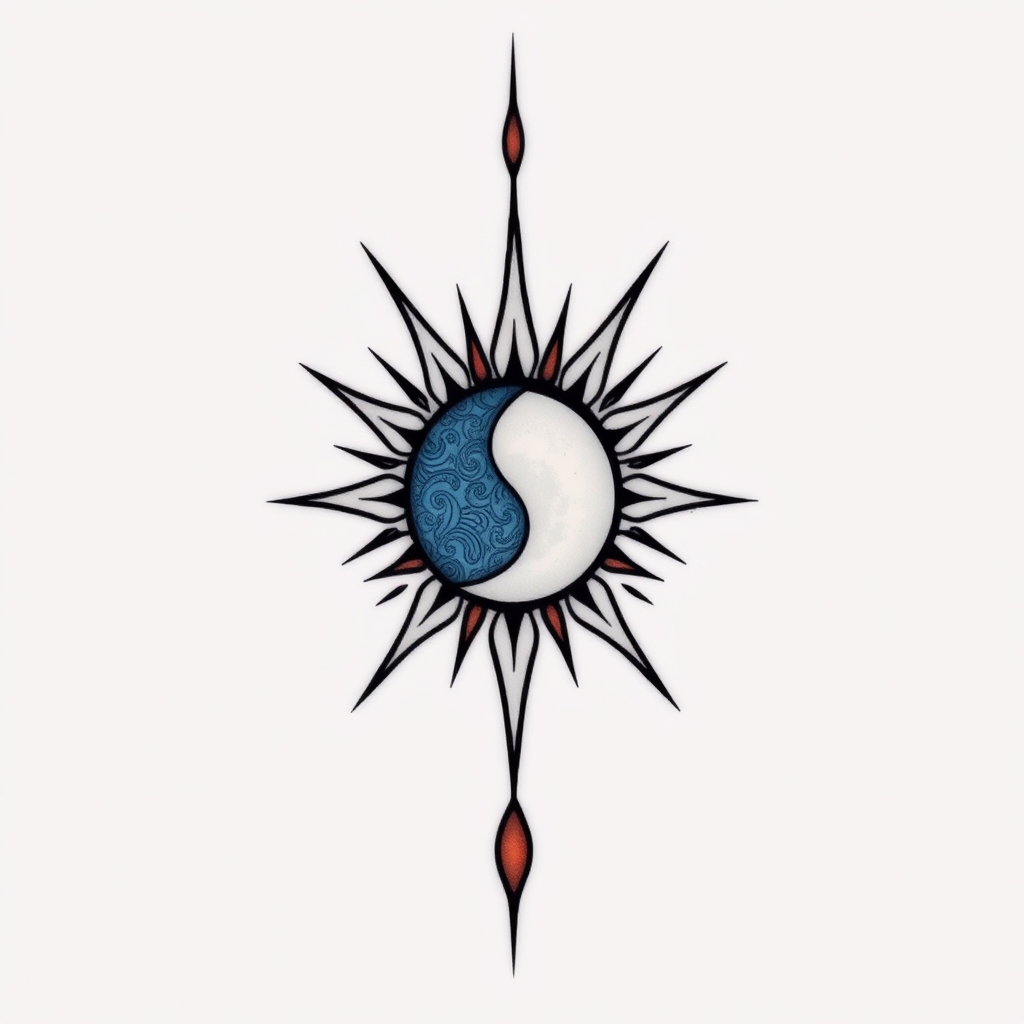 A tattoo design of Aquarius with sun and blue moon in the style of tribal. - astrology symbol tattoo design generated by AI tattoo generator