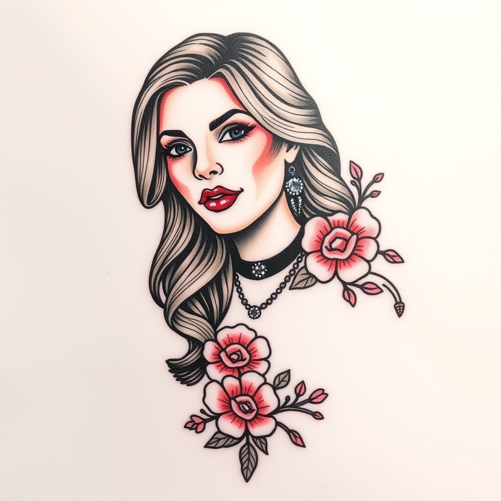 A tattoo design of Sofia Vergara in the style of traditional. - celebrity portrait tattoo design generated by AI tattoo generator