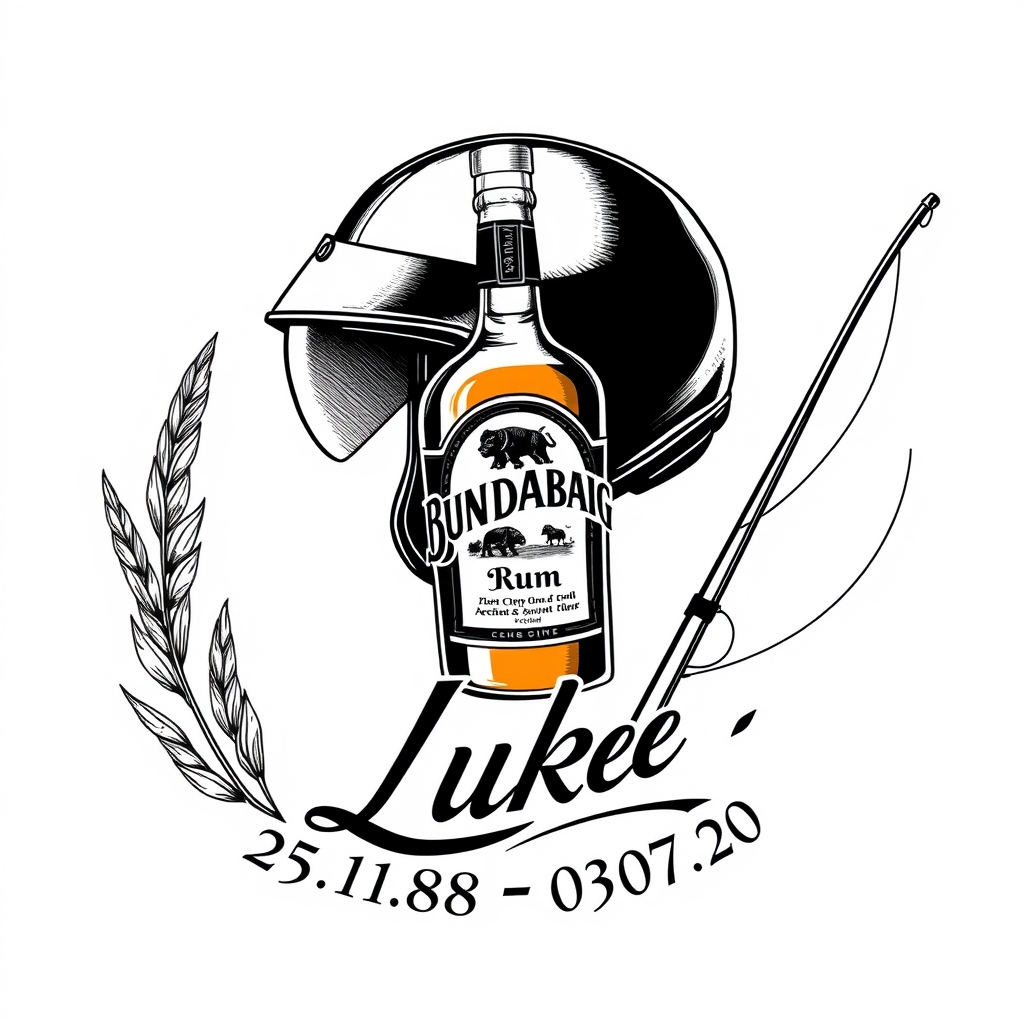 A tattoo design of Here's your refined black & grey line-art sketch, now with a warm amber accent on the Bundaberg rum liquid: --- 🧭 Layout Breakdown Motorbike Helmet (Top-Center): Clean lines and subtle shading create depth while keeping the design crisp for tattoo use. Bundaberg Rum Bottle (Side Overlay): Monochrome shading for bottle and label, with a pop of amber color in the liquid—draws focus and adds warmth. Tribute Text (Below Helmet): “Luke 25.01.85 – 03.07.20” flows in elegant script, arcing beneath the helmet to anchor the design. Weed Leaf (Left): Detailed black & grey leaf wraps gently around the helmet, balancing the composition on one side. Fishing Rod (Right): Graceful curve frames the dates; the line loops subtly around the text for cohesion. --- ✅ Next Steps 1. Feedback & Adjustments Want more shading or texture on the helmet? Fine-tune the weed leaf detail or fishing rod placement? Adjust the amber’s vibrance or size? 2. Final Line Drawing Once you're happy, I can refine this into a tattoo-ready line art ready for your artist. 3. Temporary Preview Option To preview it on skin before inking, visit picturetattoos.com—an excellent way to test placement and sizing. Let me know which area you'd like refined or if you're ready for the final version! in the style of realistic. - memorial tattoo tattoo design generated by AI tattoo generator