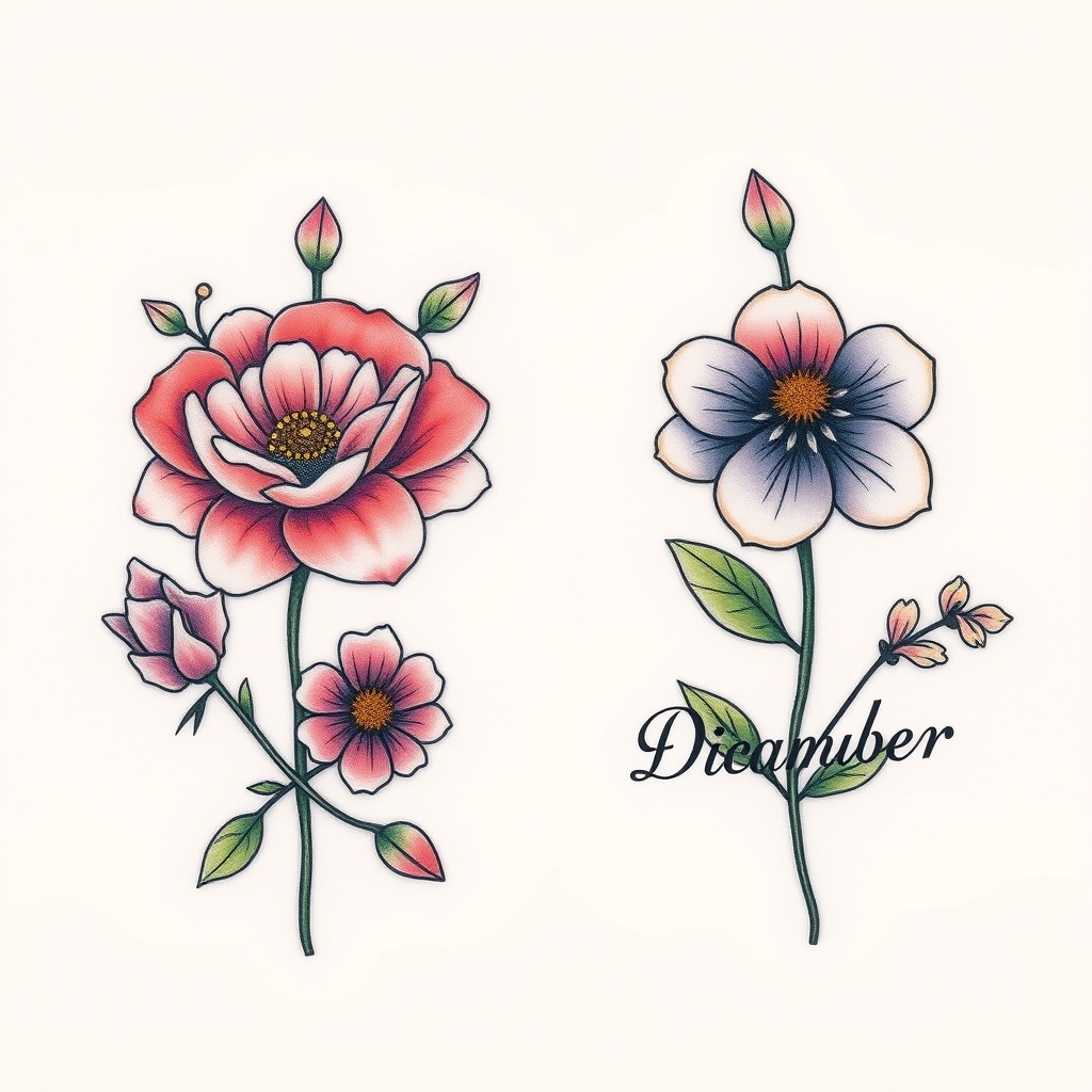 A tattoo design of February and August and December birth flowers in the style of traditional. - birth flowers tattoo design generated by AI tattoo generator