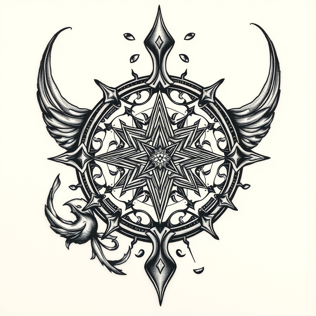 A tattoo design of Diabet,broker hert,magic circle, fantasy, in the style of realistic. - alchemy symbols tattoo design generated by AI tattoo generator
