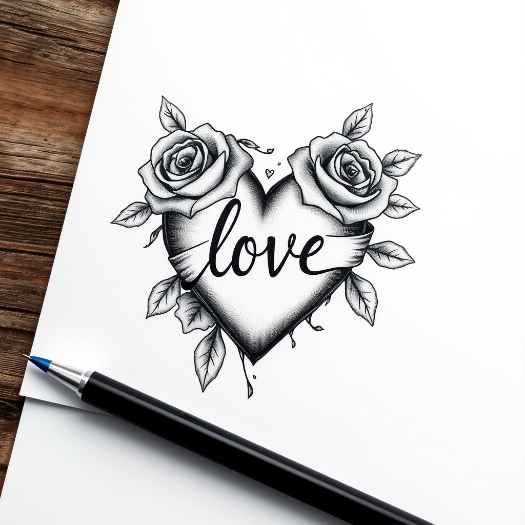 A tattoo design of b/w heart with love ribon in roses on white paper in the style of realistic. - heart symbol tattoo design generated by AI tattoo generator