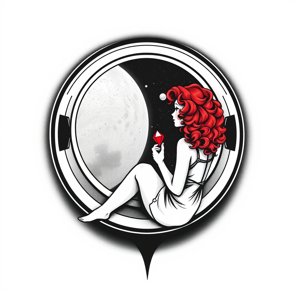 A tattoo design of Black and grey style. Curious redhead woman in romper with curly hair sitting in a small space capsule alone, facing the window. Floating through space with nothing to keep her company but a shining red ruby which she holds close by the porthole window. They are both sitting by the window peering out on an unknown planet. in the style of minimalist. - space travel tattoo design generated by AI tattoo generator