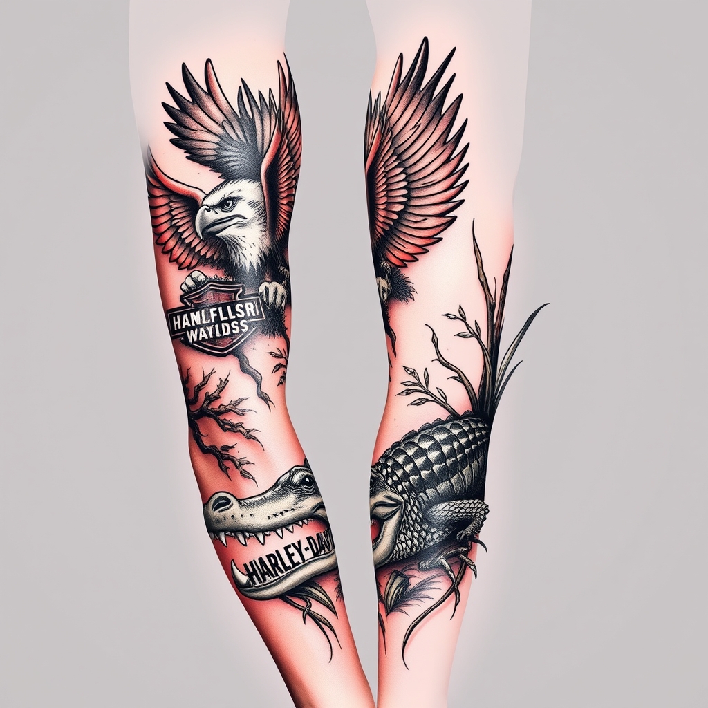 A tattoo design of Right arm full sleeve with the upper containing Harley Davidson theme with eagles mixed with the lower of Florida swamp theme with alligator in the style of realistic. - motorcycles and wildlife tattoo design generated by AI tattoo generator