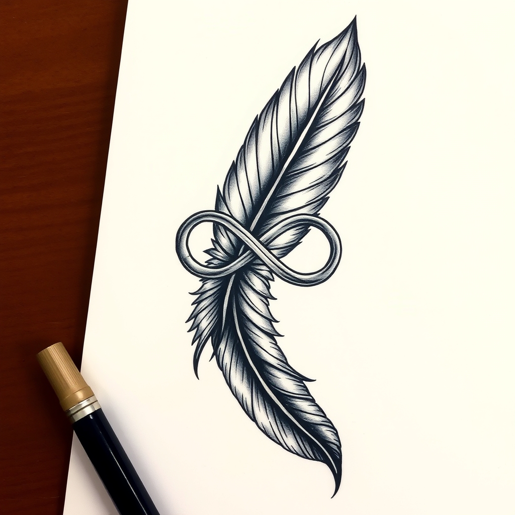 A tattoo design of Infinity and feather  in the style of realistic. - symbolism tattoo design generated by AI tattoo generator