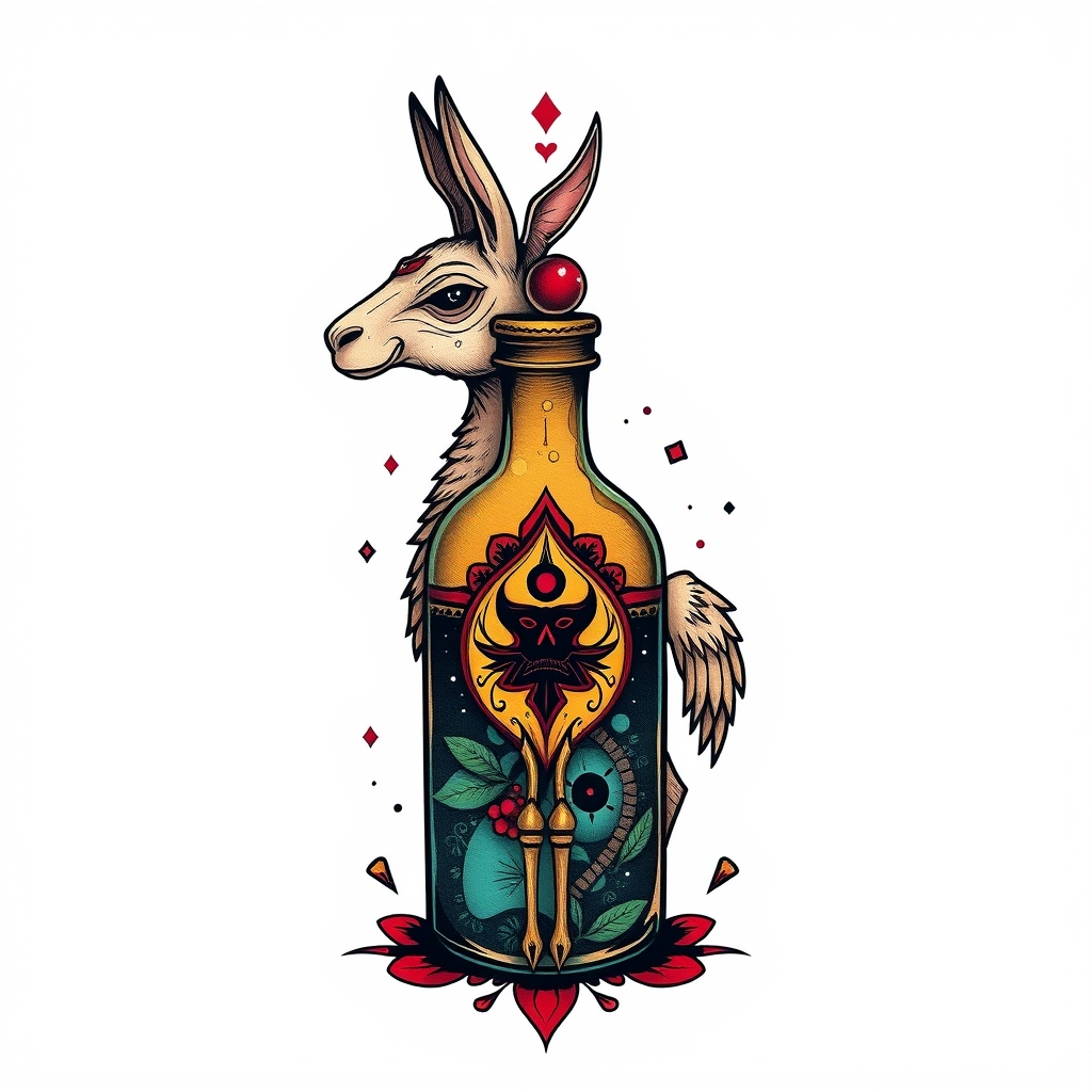 A tattoo design of kuzco poison bottle, with essence of llama in the style of abstract. - mythical creatures tattoo design generated by AI tattoo generator