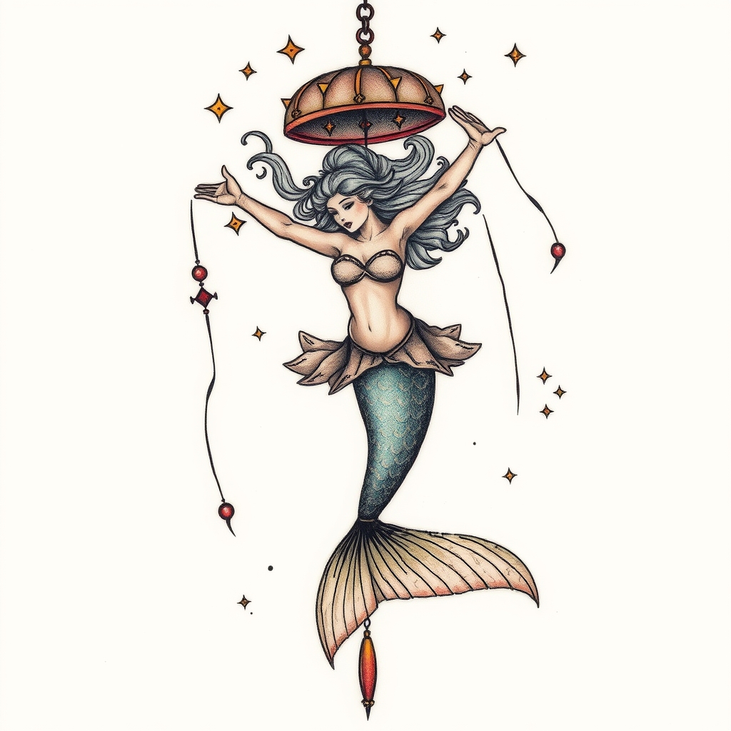 A tattoo design of Mermaid, aerial acrobatics, circus in the style of surrealistic. - circus performer tattoo design generated by AI tattoo generator
